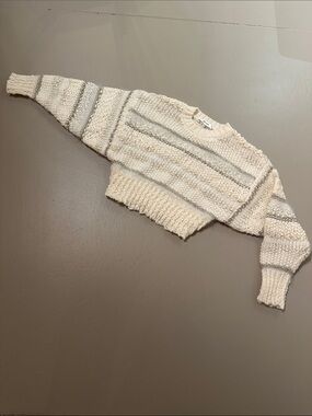 Frame Denim Cream Cropped Crewneck Sweater with Light Gray Stripes